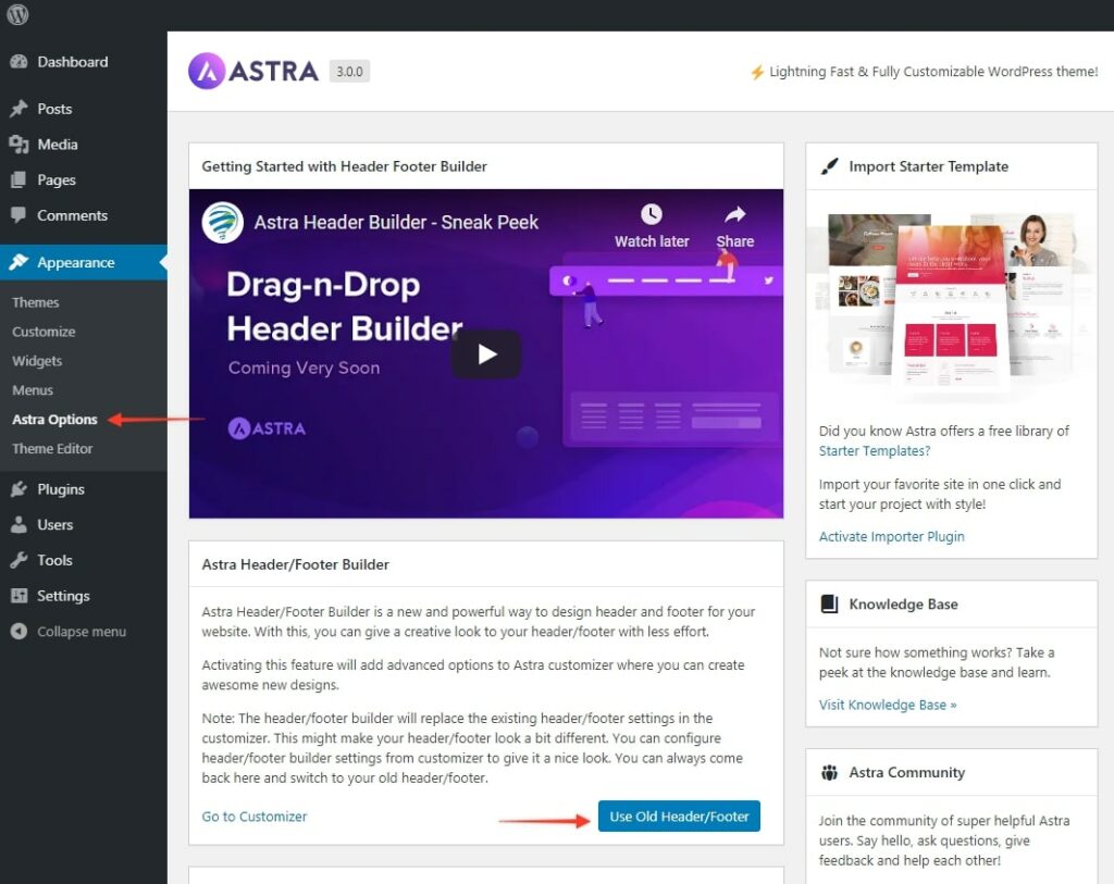 Use Old Header Footer Options in Astra